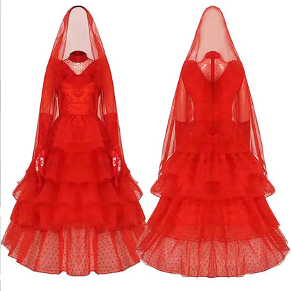 KissICON Lydia Deetz Costume with Gloves Scarf Lydia Women Wedding Dress Gothic Red Gown Halloween Outfits with Veil Beetle Bride Cosplay