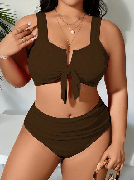 KissICON Maroon / 0XL Curve 2 Pieces Plain Separate Holiday Swimwear