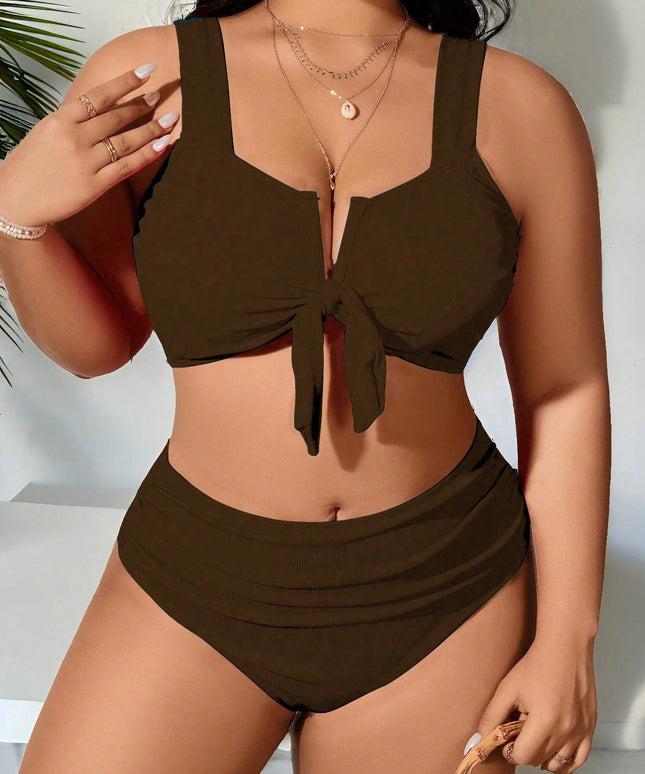 KissICON Maroon / 0XL Curve 2 Pieces Plain Separate Holiday Swimwear