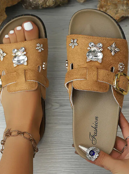 KissICON maroon / 36 Shiny Crystal Flock Thick Sole Sandals for Women