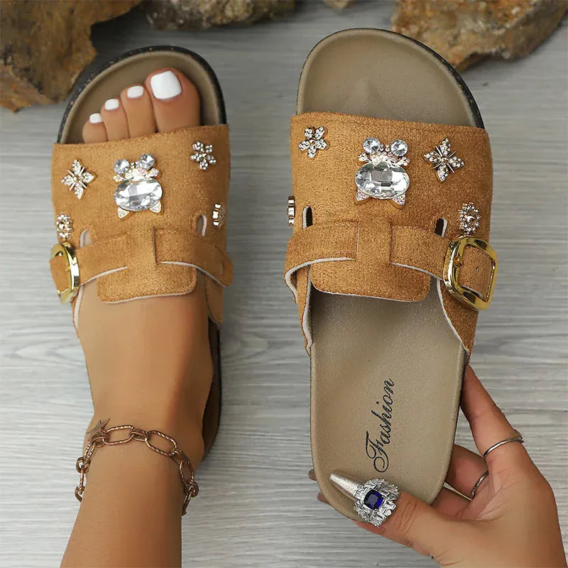 KissICON maroon / 36 Shiny Crystal Flock Thick Sole Sandals for Women