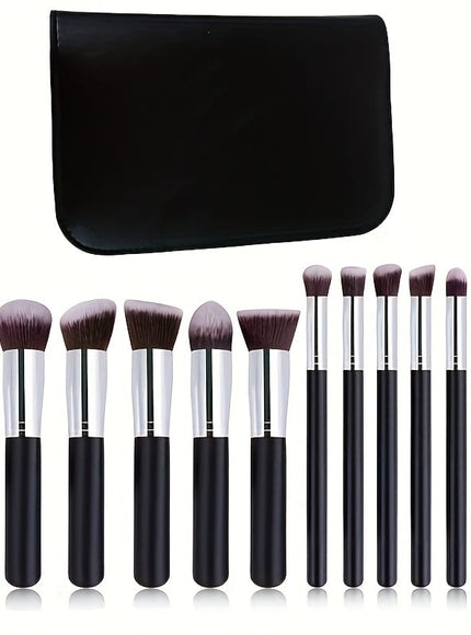 KissICON Matte Black 10 Silvery Gala Chain Bags 10pc Soft Beginner Makeup Brush Kit