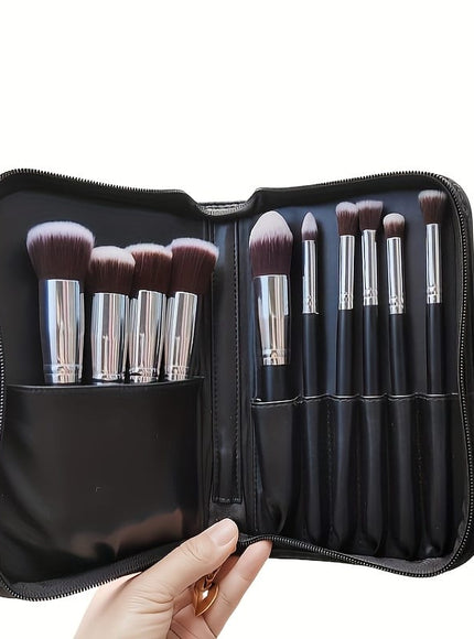 KissICON Matte Black 10 Silvery Gala Chain Bags 10pc Soft Beginner Makeup Brush Kit