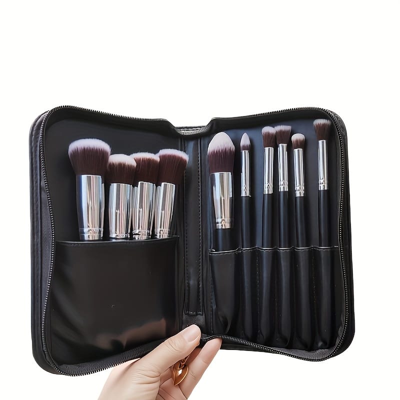 KissICON Matte Black 10 Silvery Gala Chain Bags 10pc Soft Beginner Makeup Brush Kit