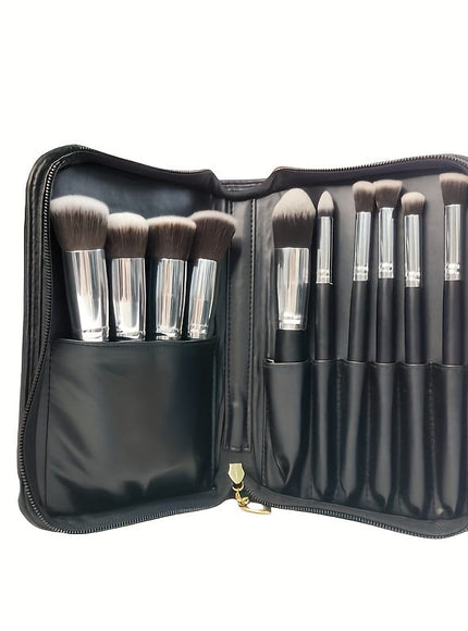 KissICON Matte Black 10 Silvery Gala Chain Bags 10pc Soft Beginner Makeup Brush Kit