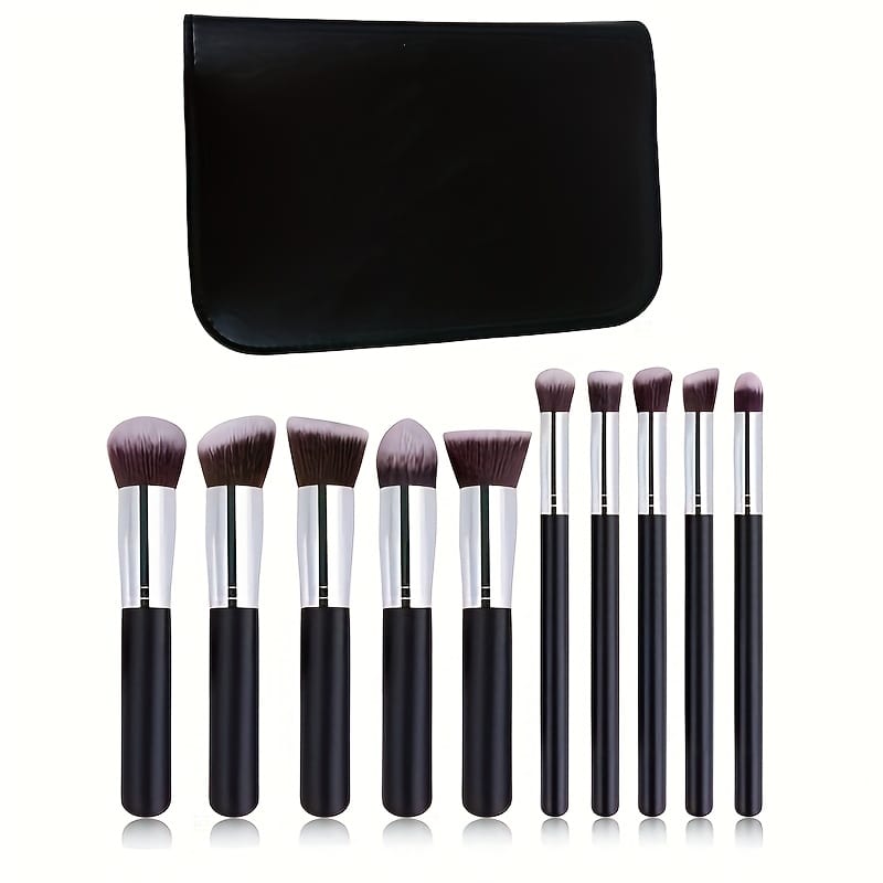 KissICON Matte Black 10 Silvery Gala Chain Bags Soft Beginner Full Makeup Brush Set – Tool Kit