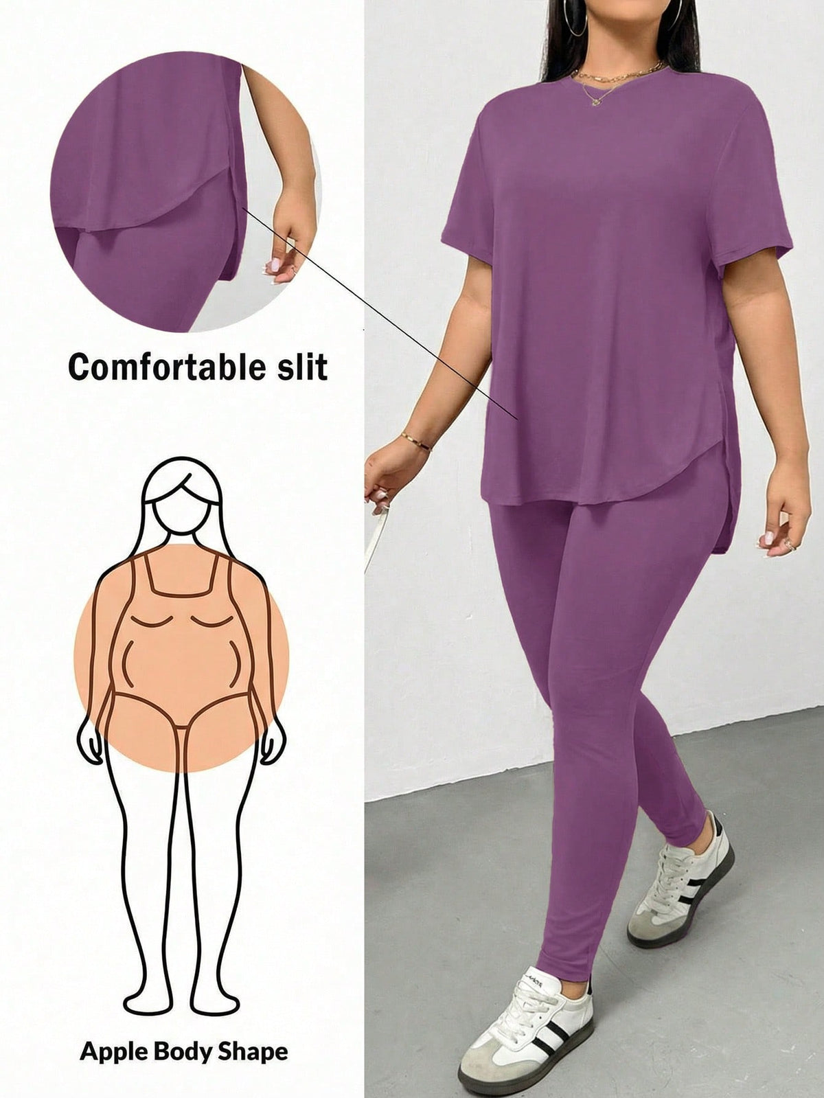 CURVE Mauve Purple / 0XL Casual Sports Short-Sleeved T-Shirt And Leggings Two Pieces Set