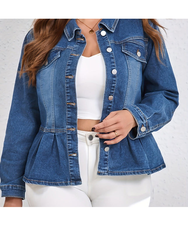 jkthpu-45 Medium Blue / UK 16 Retro PlusSize Ruffled Denim Jacket