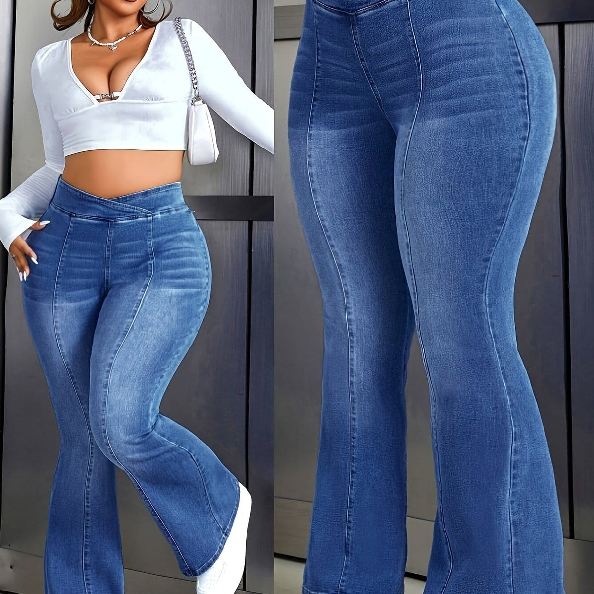 jkthpu-45 Medium Blue / UK 16 Women'S Plus Size High-Waisted Stretchy Flare Jeans -