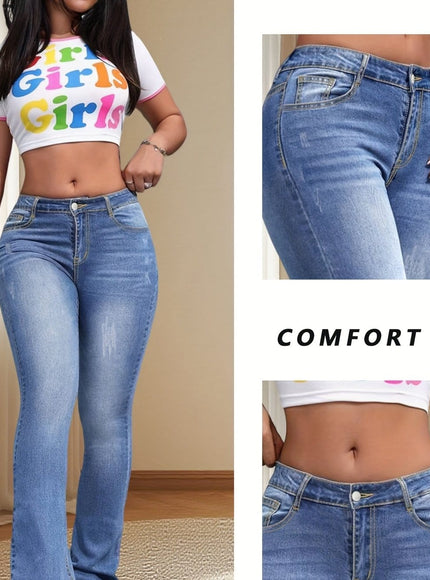 jkthpu-45 Medium Blue / UK 16 Women's Plus-Size High-Waisted Wide-Leg Jeans - Wash Blue