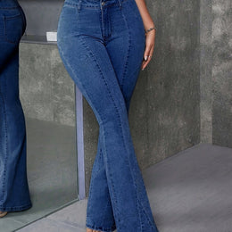 jkthpu-45 Medium Blue / UK 18 Plus Size Women'S High-Elasticity Flared Jeans - Machine