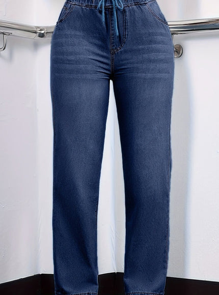 jkthpu-45 Medium Blue / UK 18 Women's Straight-Leg Jeans - Non-See-Through Washed Blue Pants