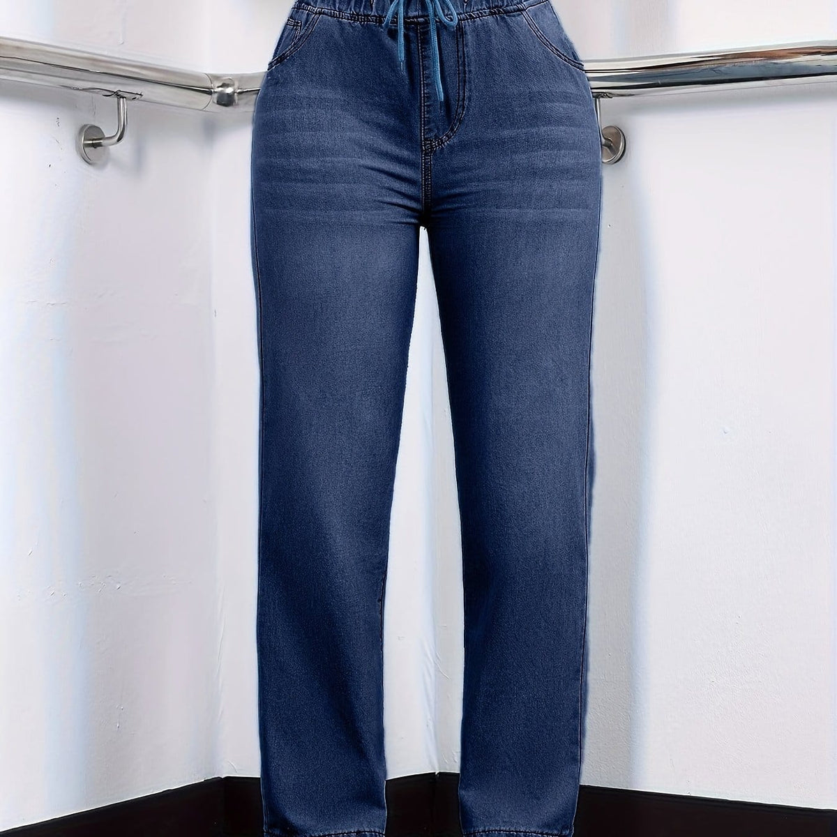 jkthpu-45 Medium Blue / UK 18 Women's Straight-Leg Jeans - Non-See-Through Washed Blue Pants