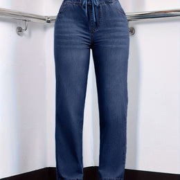 jkthpu-45 Medium Blue / UK 18 Women's Straight-Leg Jeans - Non-See-Through Washed Blue Pants