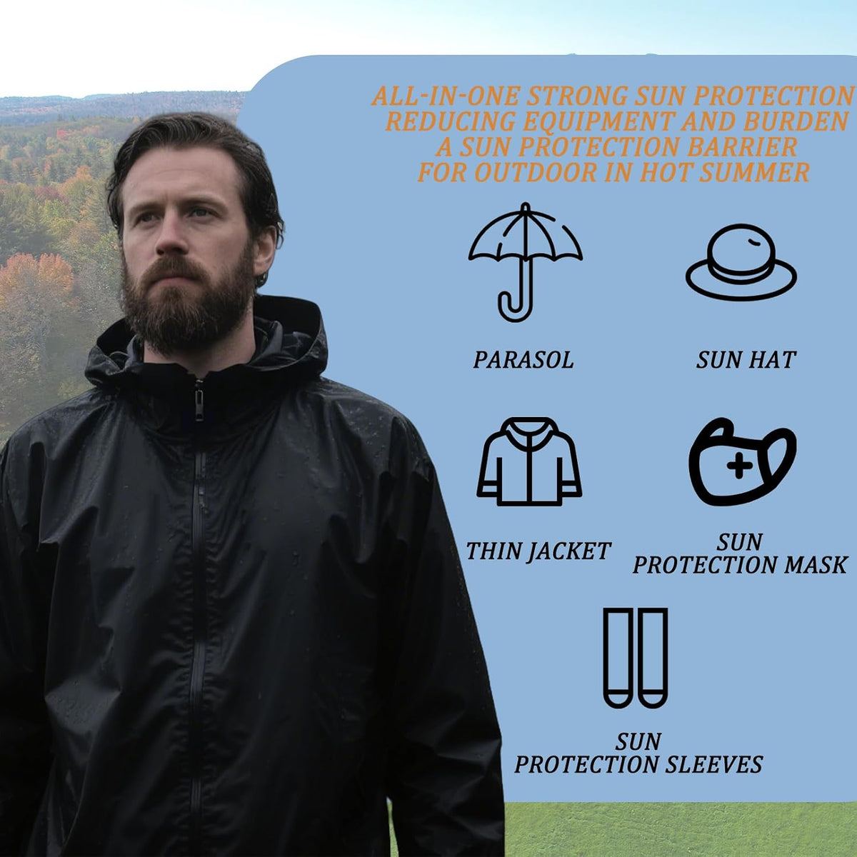 KissICON Men's Packable Lightweight Waterproof Jacket No Pocket Hooded Raincoat in a Bag Sun Protection Windproof Rain Jacket