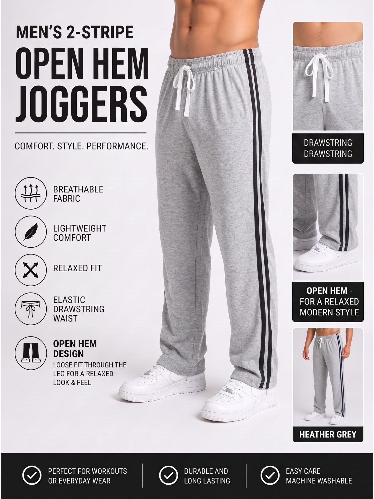 KissICON Men's Striped Track Pants Casual Joggers Open Hem Athletic Sweatpants Comfortable Loose Fit Gym Running Trousers with Side Pockets | S to XXL sizes available UK