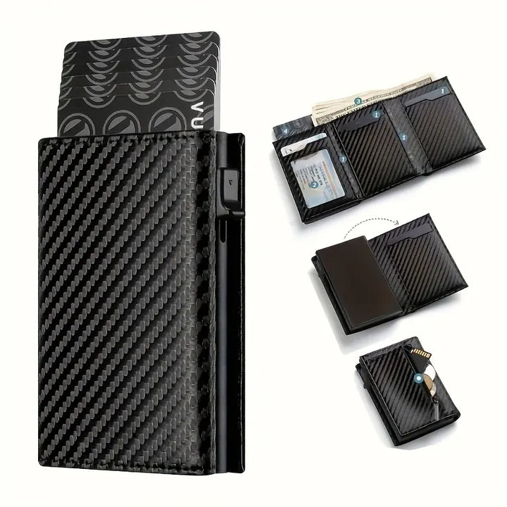 Men's Wallet with Zipper Coin Purse Automatic Pop-up Metal Credit Card Holder Minimalist RFID Blocking Business Card Wallet Idea
