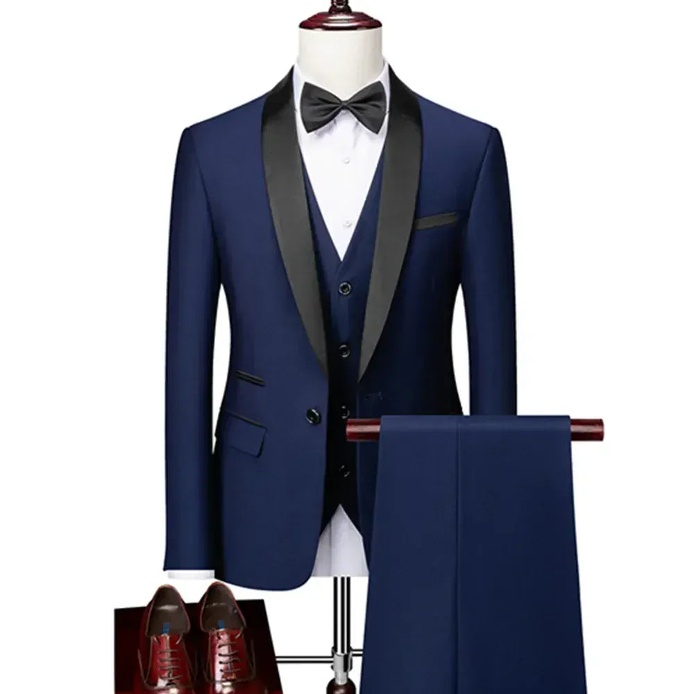 KissICON Mens Black Lapel Suit Coat Vest Trousers for Formal Events