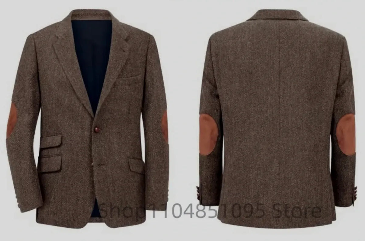 KissICON Mens Brown Herringbone Tweed Smart Casual Blazer Jacket