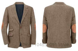 KissICON Mens Brown Herringbone Tweed Smart Casual Blazer Jacket