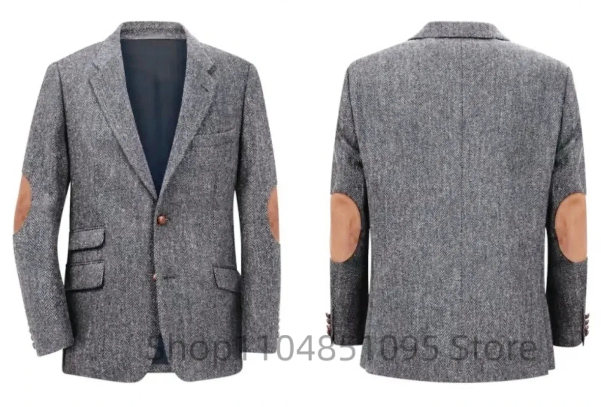 KissICON Mens Brown Herringbone Tweed Smart Casual Blazer Jacket