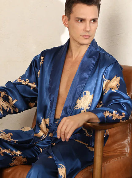 KissICON Mens Dragon Print Satin Kimono Robe  Pants Pajama Set