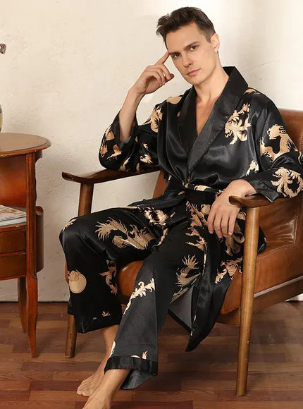 KissICON Mens Dragon Print Satin Kimono Robe  Pants Pajama Set