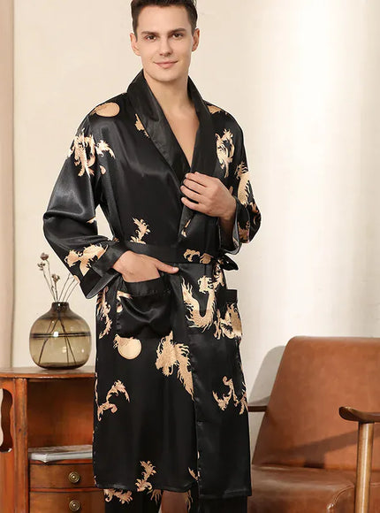 KissICON Mens Dragon Print Satin Kimono Robe  Pants Pajama Set