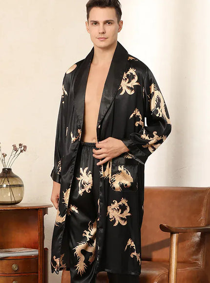 KissICON Mens Dragon Print Satin Kimono Robe  Pants Pajama Set
