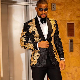 KissICON Mens Gold Sequin Fashion Suit Jacket  Pants Ensemble