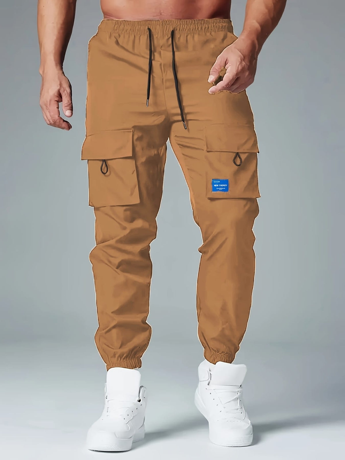KissICON Mens Solid Loose Cargo Joggers Breathable Drawstring Active Trousers
