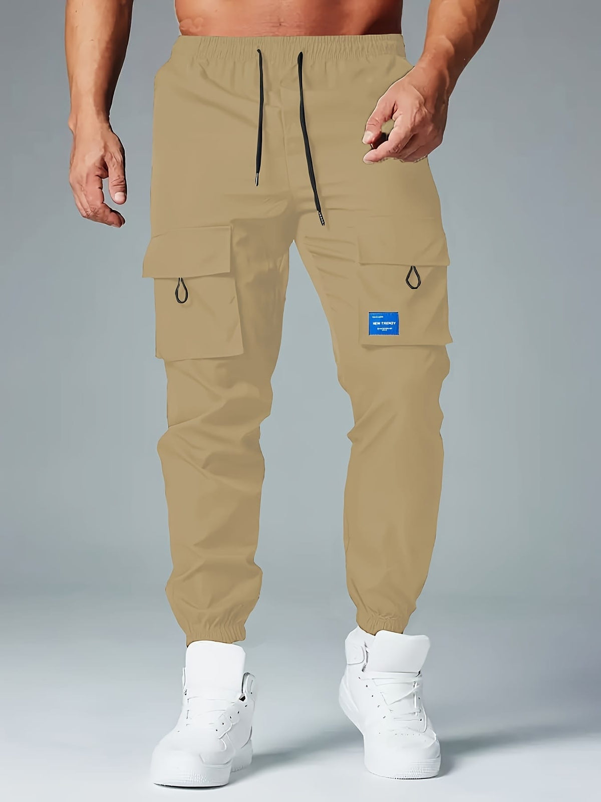 KissICON Mens Solid Loose Cargo Joggers Breathable Drawstring Active Trousers