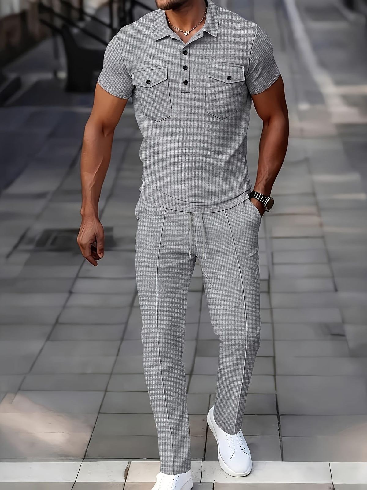 KissICON Mens Waffle Knit Polo  Pants Summer Casual Set