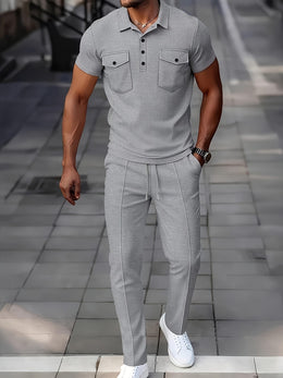 KissICON Mens Waffle Knit Polo  Pants Summer Casual Set