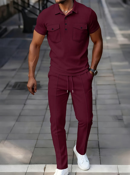 KissICON Mens Waffle Knit Polo  Pants Summer Casual Set