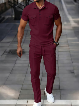 KissICON Mens Waffle Knit Polo  Pants Summer Casual Set
