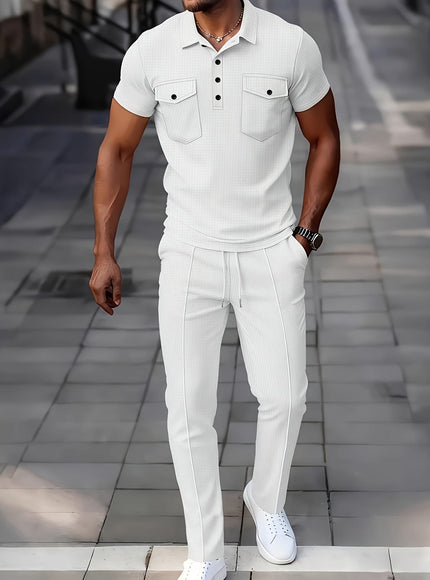 KissICON Mens Waffle Knit Polo  Pants Summer Casual Set