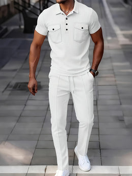 KissICON Mens Waffle Knit Polo  Pants Summer Casual Set