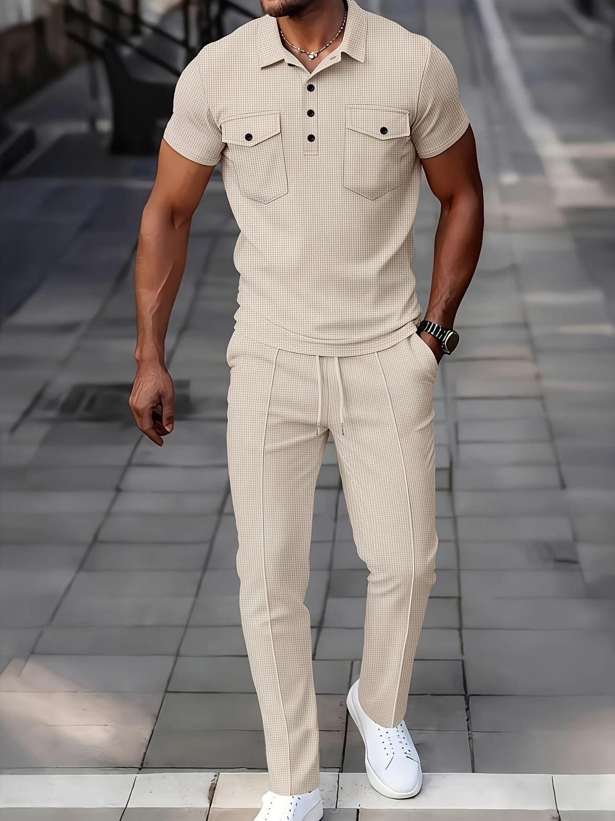 KissICON Mens Waffle Knit Polo  Pants Summer Casual Set