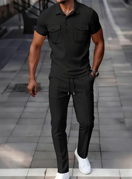 KissICON Mens Waffle Knit Polo  Pants Summer Casual Set