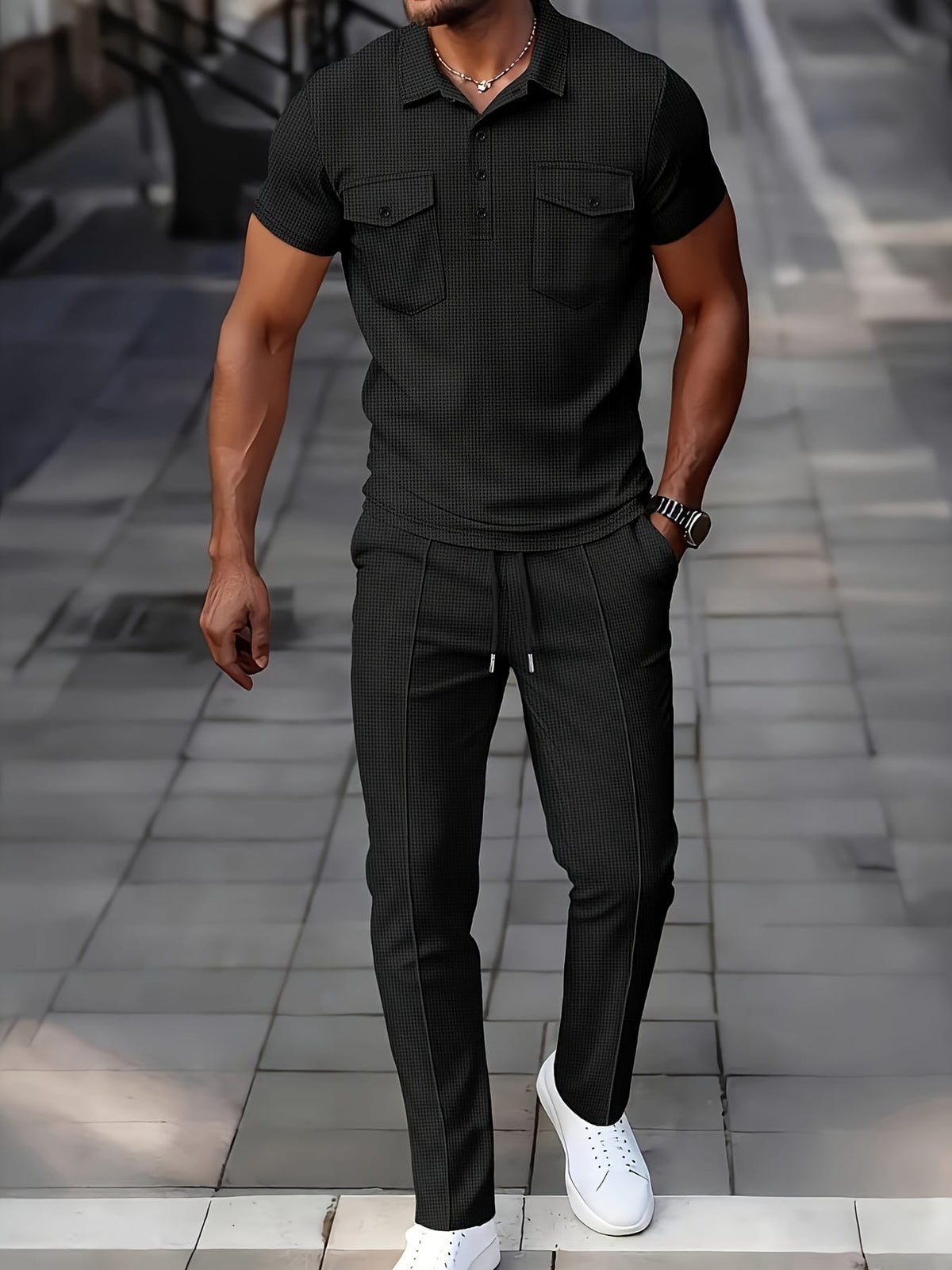 KissICON Mens Waffle Knit Polo  Pants Summer Casual Set