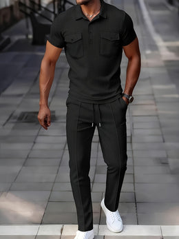 KissICON Mens Waffle Knit Polo  Pants Summer Casual Set
