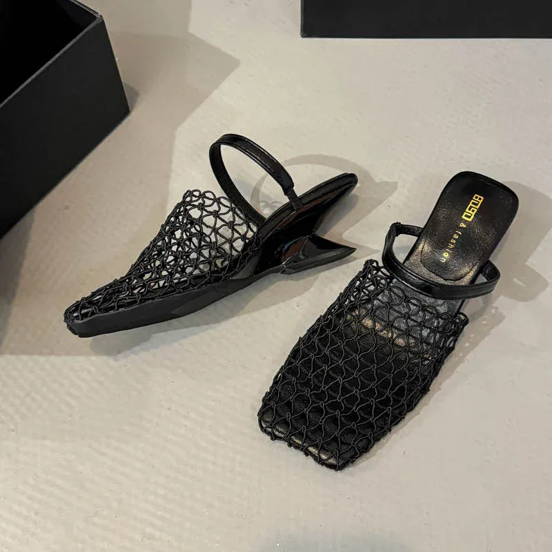 KissICON Mesh Silver Med Heels Sandals for Women Fashion