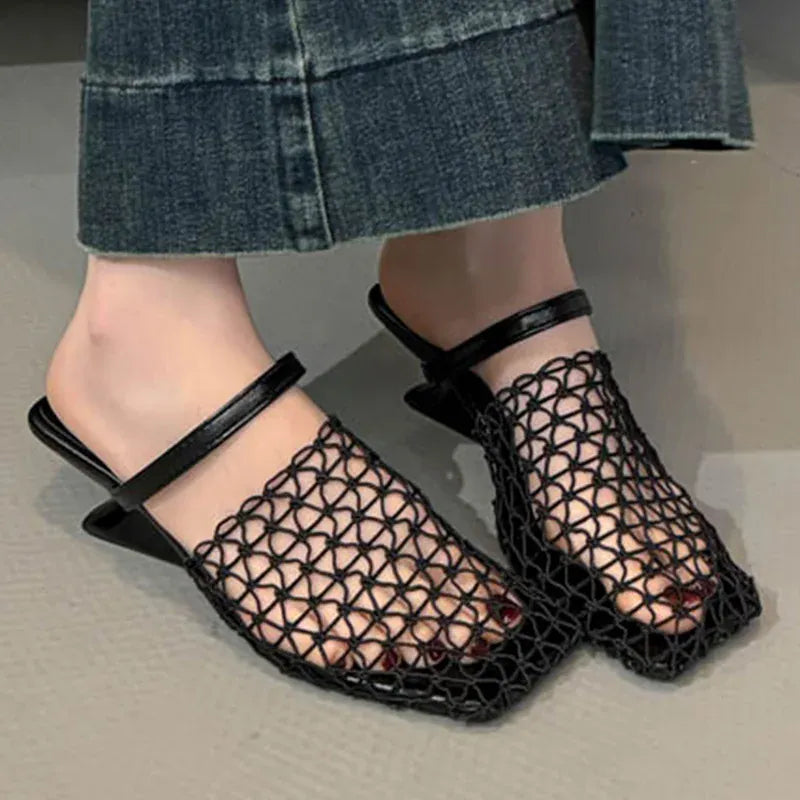 KissICON Mesh Silver Med Heels Sandals for Women Fashion