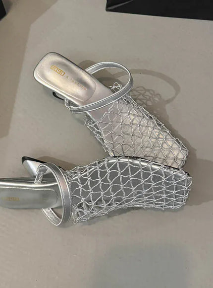 KissICON Mesh Silver Med Heels Sandals for Women Fashion