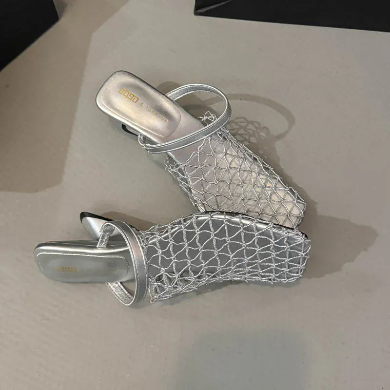 KissICON Mesh Silver Med Heels Sandals for Women Fashion