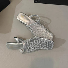 KissICON Mesh Silver Med Heels Sandals for Women Fashion