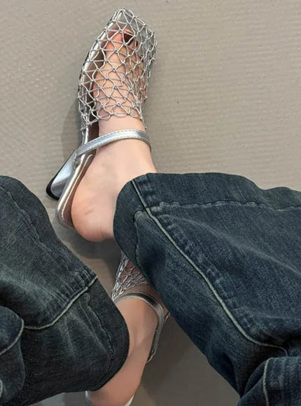KissICON Mesh Silver Med Heels Sandals for Women Fashion