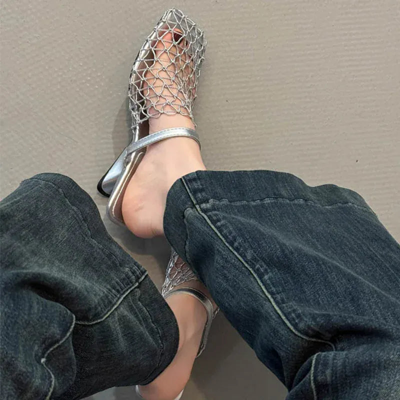 KissICON Mesh Silver Med Heels Sandals for Women Fashion