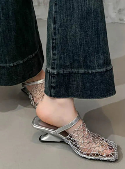 KissICON Mesh Silver Med Heels Sandals for Women Fashion